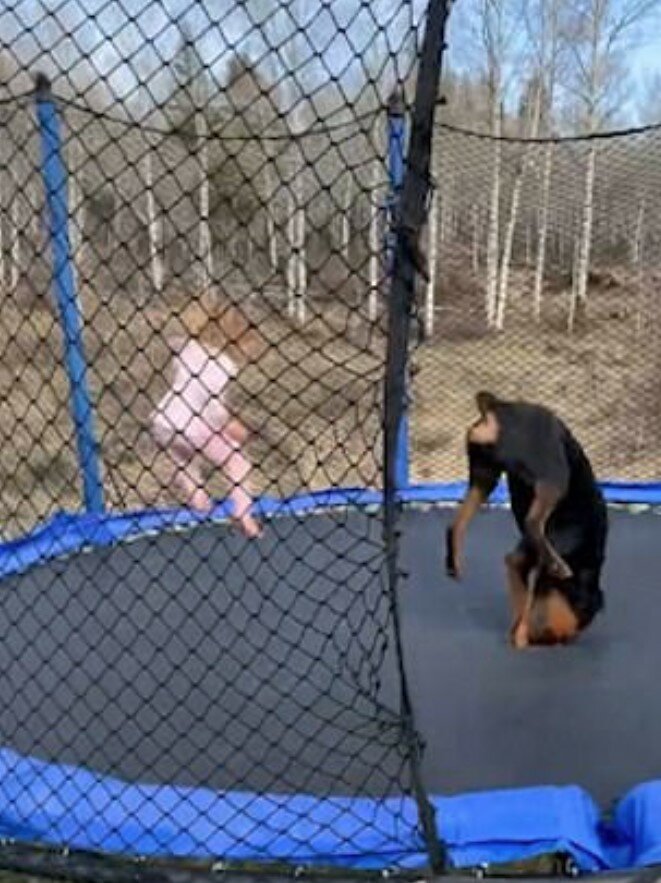 &quot;Ungezügelter Spaß&quot; Ein kleines Mädchen und sein Hund springen freudig