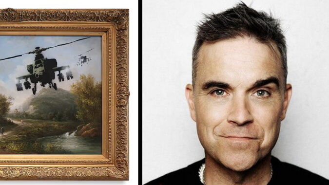 Robbie Williams und das Gemälde „Vandalised Oils (Choopers)”. Quelle: dailymail.com