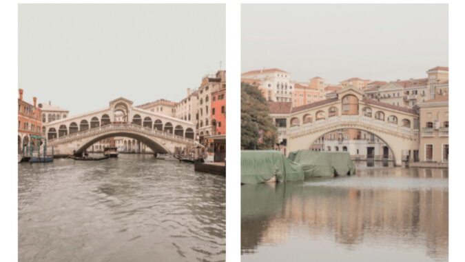 Auf dem ersten Foto ist Venedig zu sehen, auf dem zweiten China. Quelle: esquire