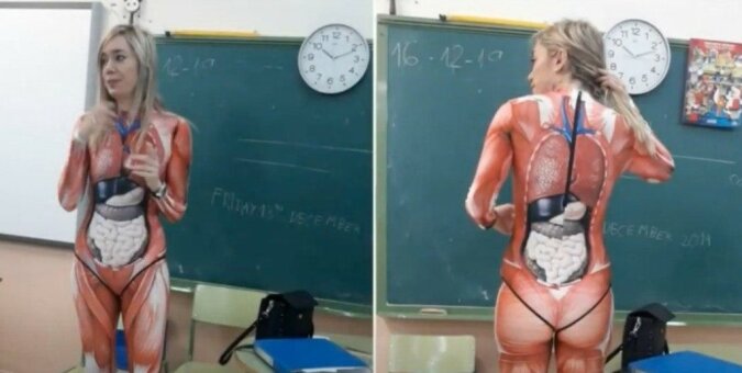 Eine Anatomielehrerin aus Spanien unterrichtete in einem Kostüm von inneren Organen. Die Kinder hatten großes Glück