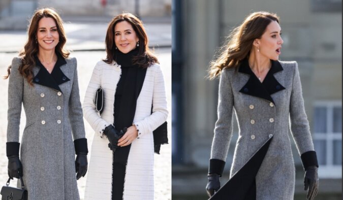 Kate Middleton in einem grauen Mantel von Catherine Walker.Quelle: Getty Images