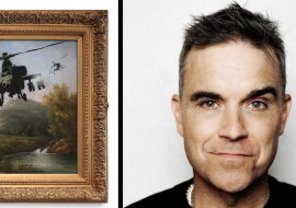 Robbie Williams und das Gemälde „Vandalised Oils (Choopers)”. Quelle: dailymail.com